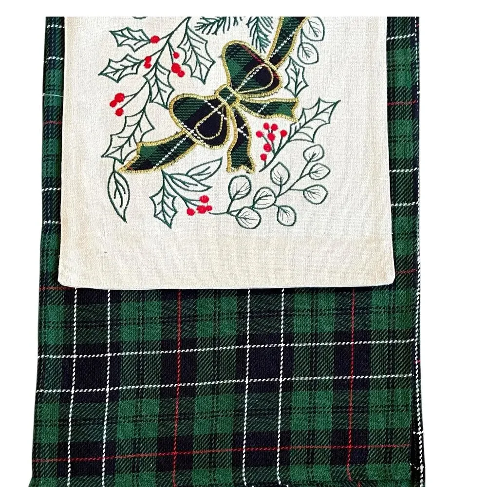 2pc Cupcakes & Cashmere Holly Berry & Bows Double Table Runner Tartan Plaid New